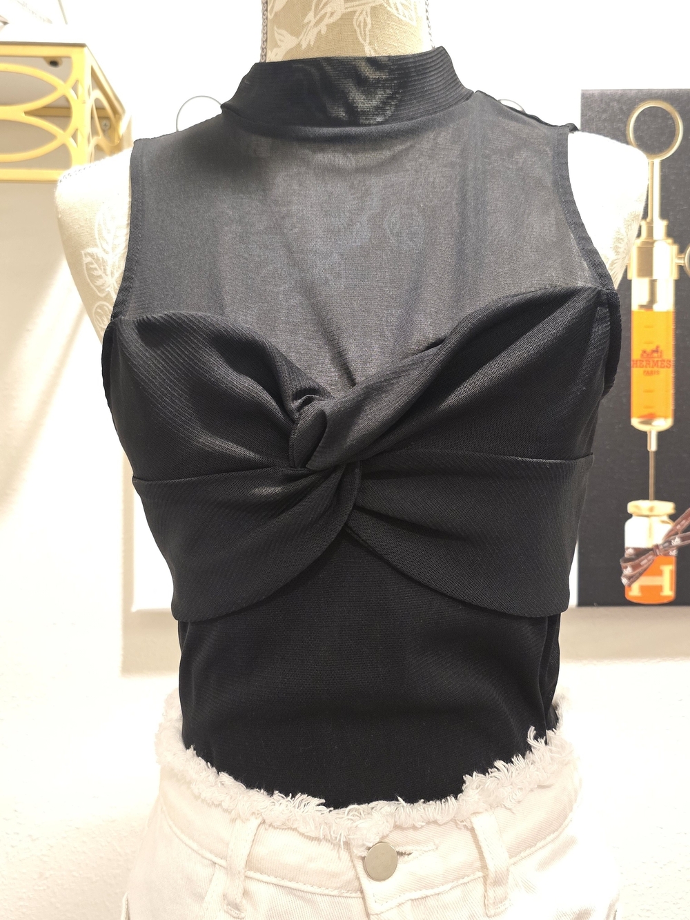 Express Black S Twist-Front Mock Neck Tank